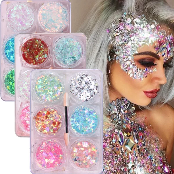 6 jars/set Eyeshadow Glitter Gel Cream Face Hair Body Nail Glitter Gel Heart Star Moon Loose Sequins Festival Makeup Decorations - Image 3